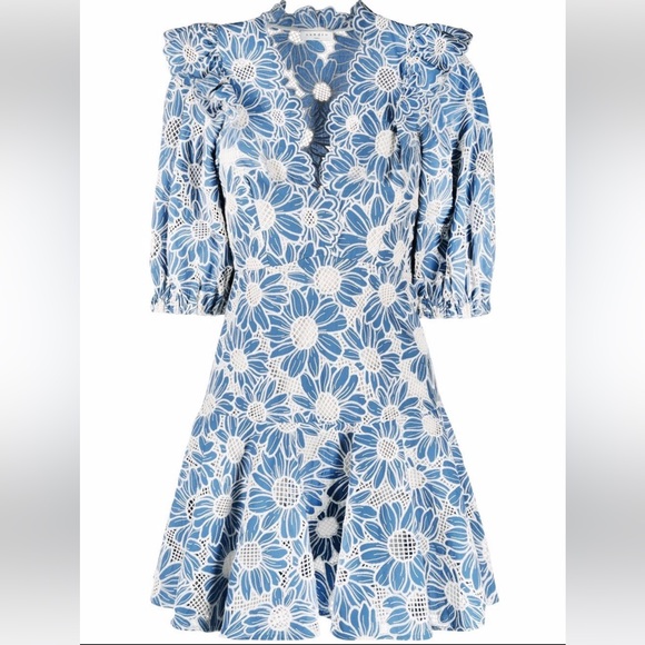 NEW Sandro Applique Detail V Neck Floral Lace Blue Mini Dress - Picture 5 of 8